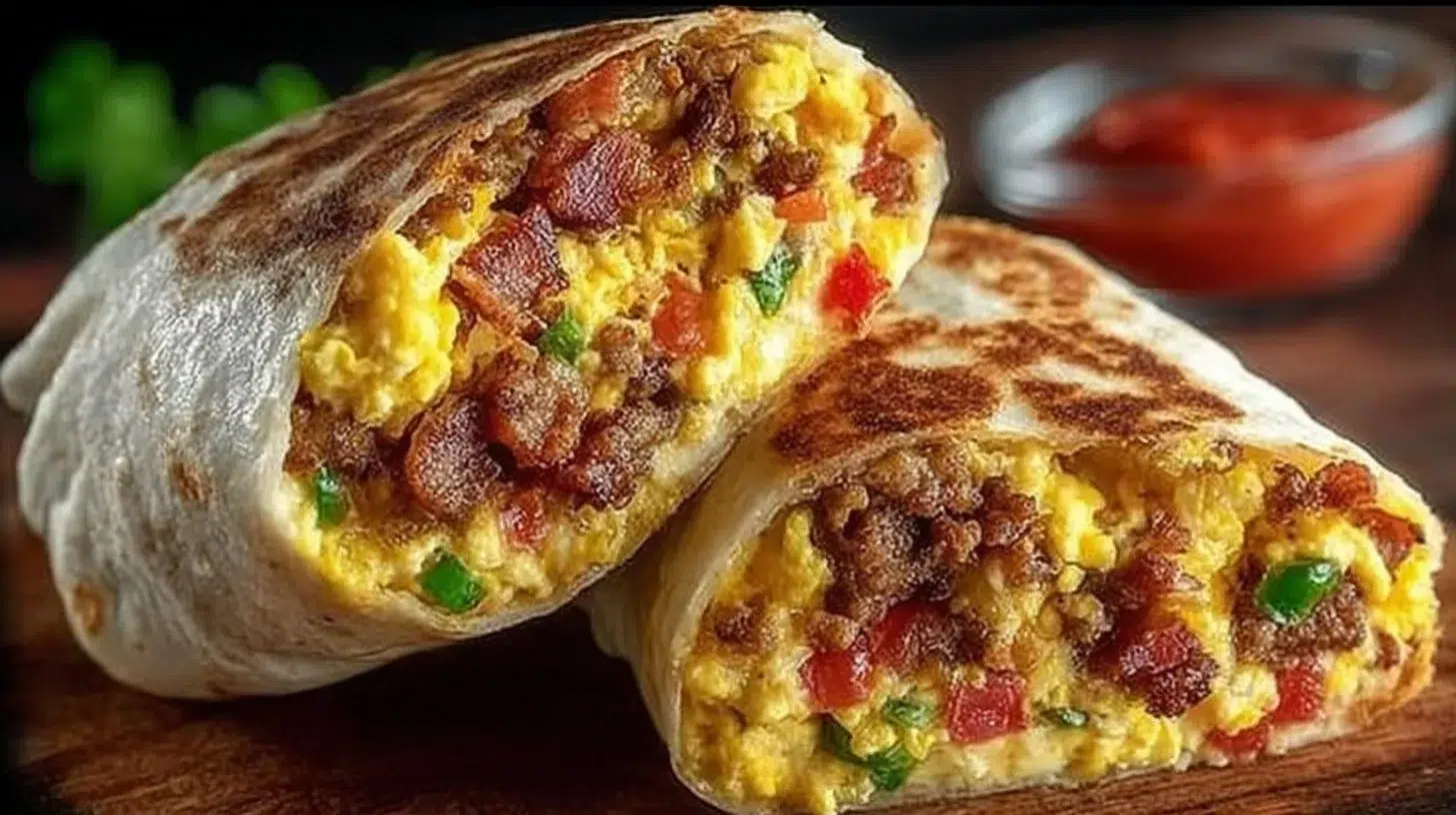 Cowboy Breakfast Burrito filled with eggs, sausage, and cheese wrapped in a tortilla.
