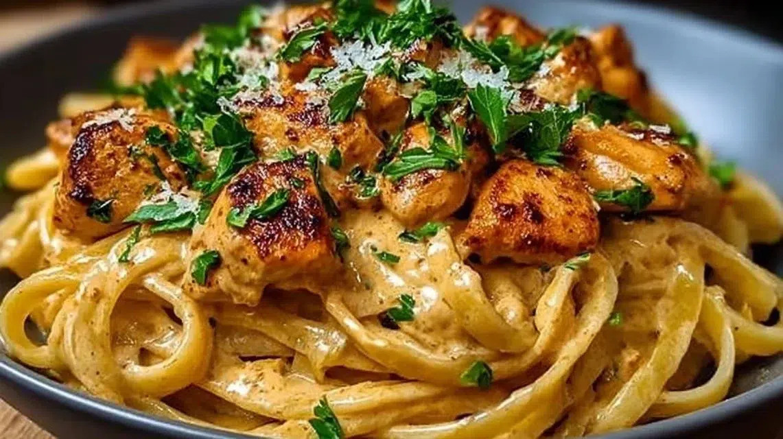 Cowboy Butter Chicken Linguine with creamy butter chicken sauce and pasta
