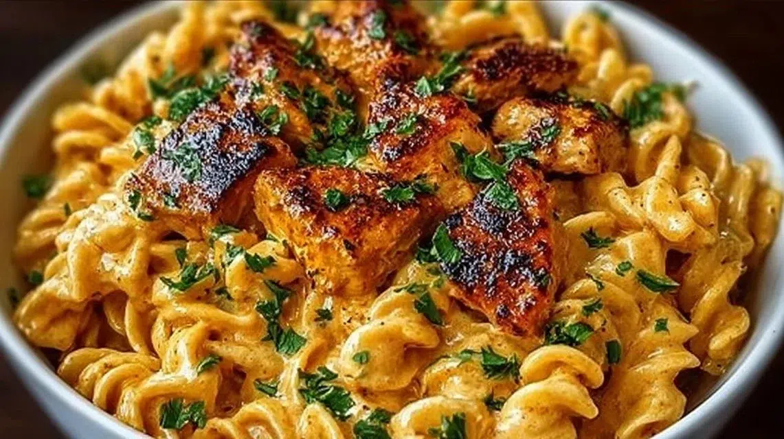 Delicious Cowboy Butter Chicken Pasta served in a bowl with fresh herbs