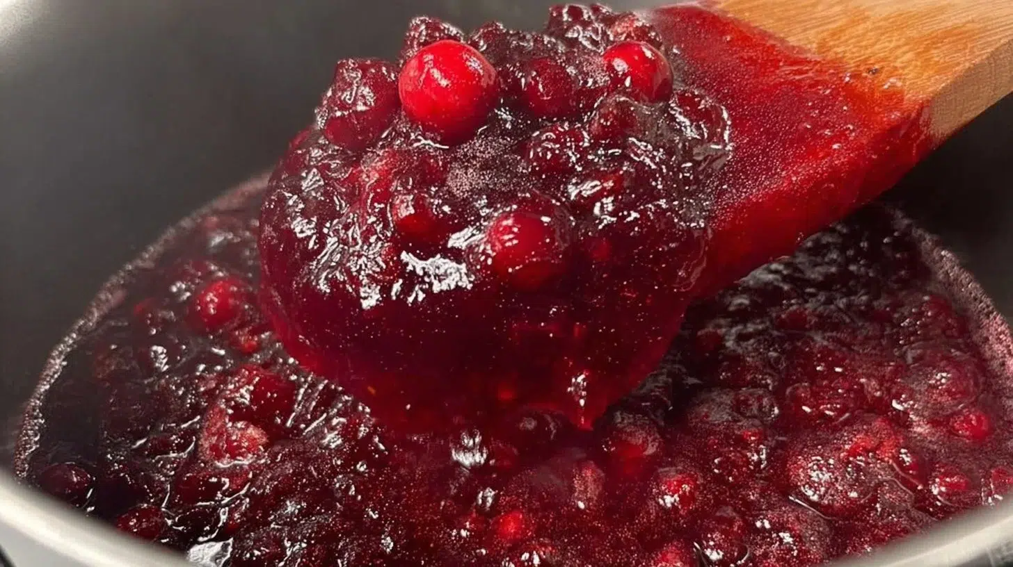 Homemade cranberry sauce in a bowl with fresh cranberries around it