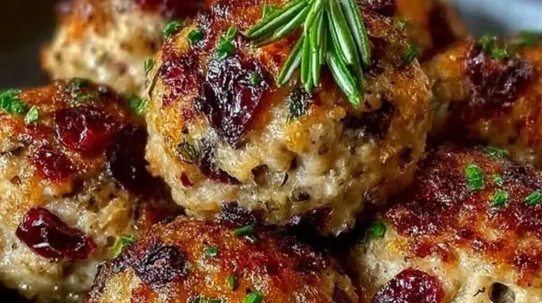 Cranberry Turkey Stuffing Balls served on a festive plate