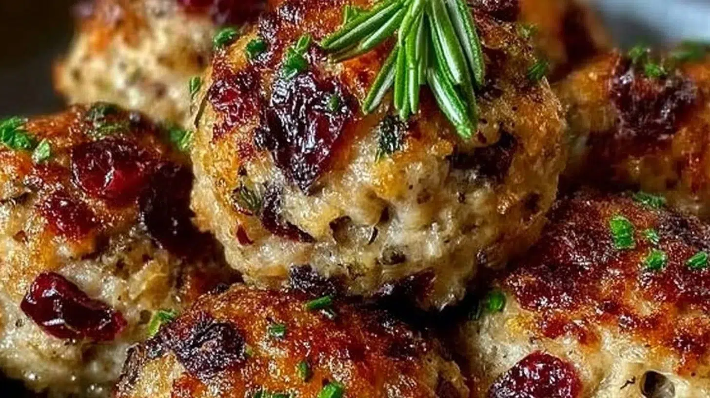 Cranberry Turkey Stuffing Balls served on a festive plate