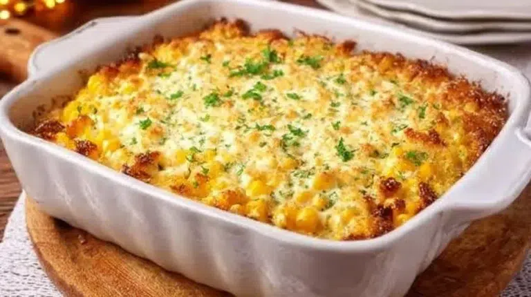Delicious Cream Cheese Corn Casserole baked to perfection in a serving dish.