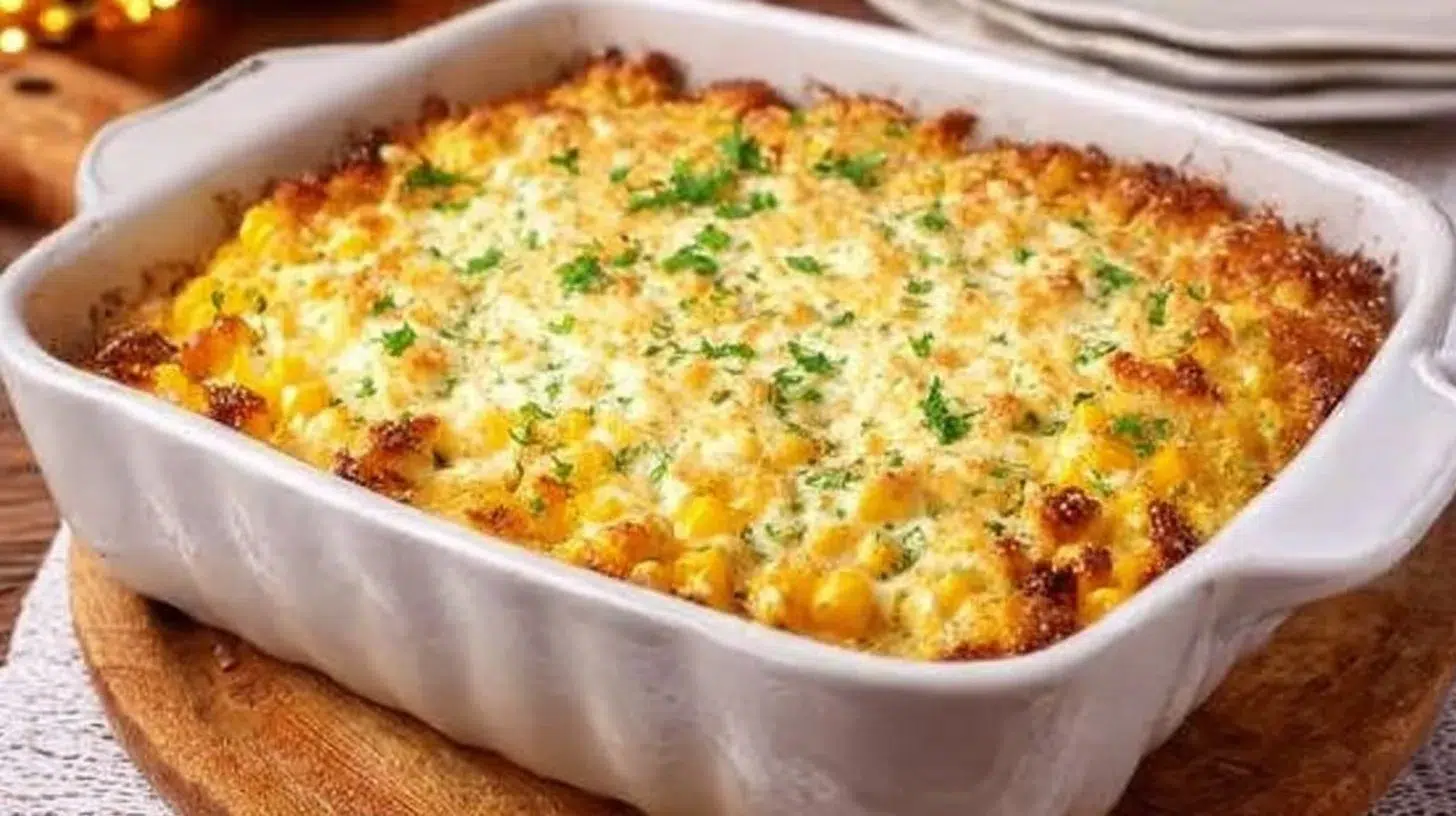 Delicious Cream Cheese Corn Casserole baked to perfection in a serving dish.