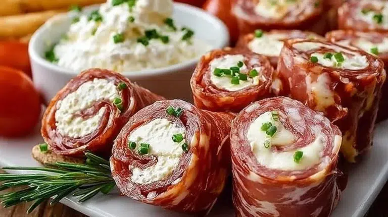 Cream Cheese Salami Roll Ups served on a platter as a tasty appetizer.