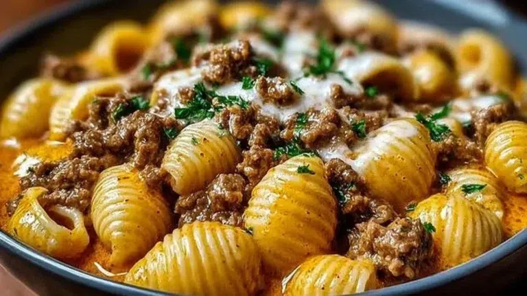 Creamy Beef and Shells served in a white bowl with herbs on top.