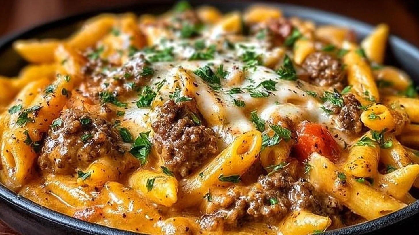 Delicious creamy beef pasta dish served in a bowl with herbs