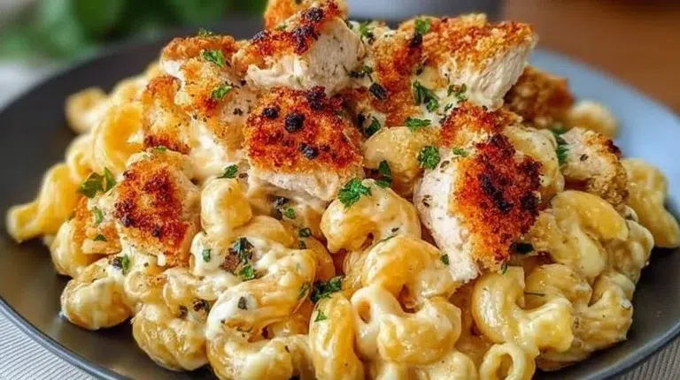 Creamy chicken mac and cheese topped with breadcrumbs and herbs