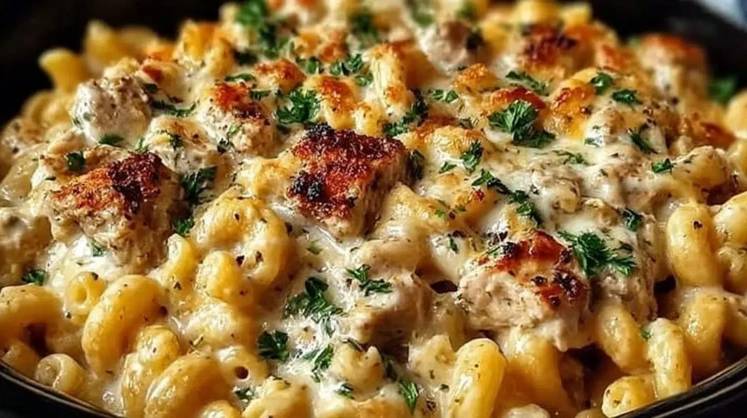 Creamy chicken pasta prepared in a crockpot, garnished with herbs and cheese.