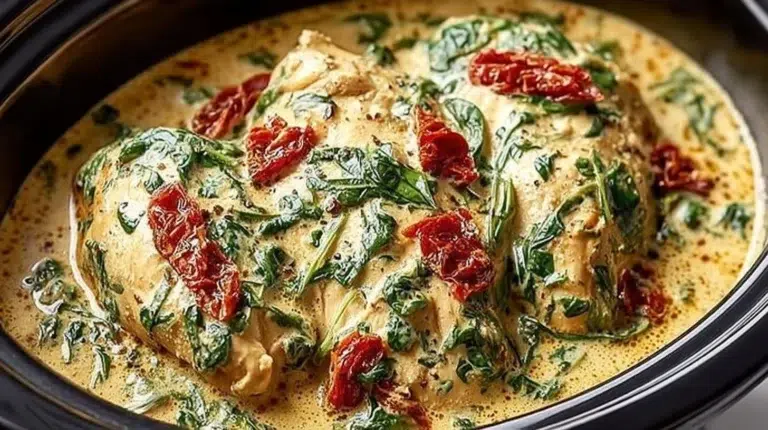 Creamy crockpot Tuscan chicken with herbs and vegetables in a slow cooker