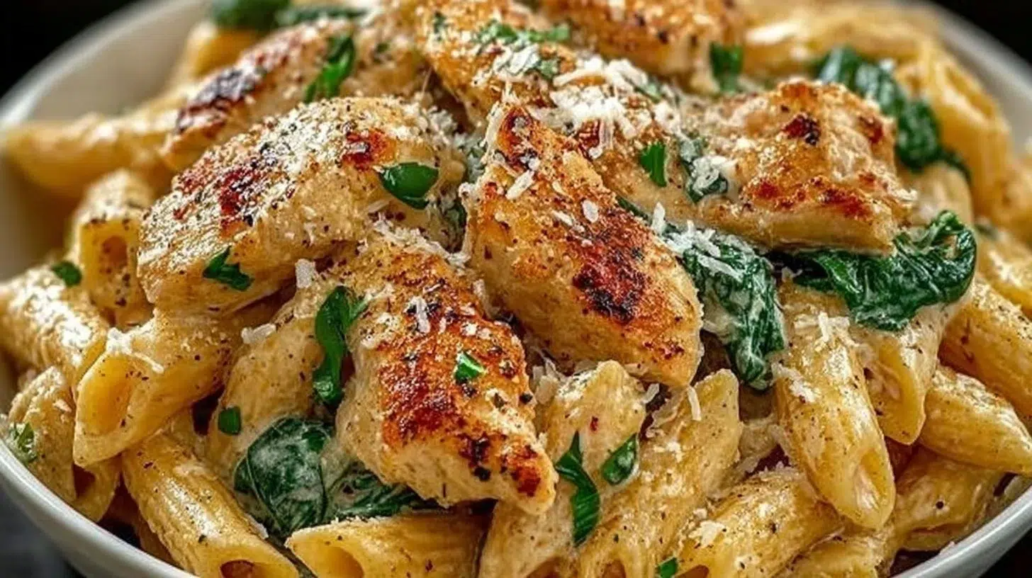Creamy garlic parmesan chicken pasta served in a bowl with herbs on top