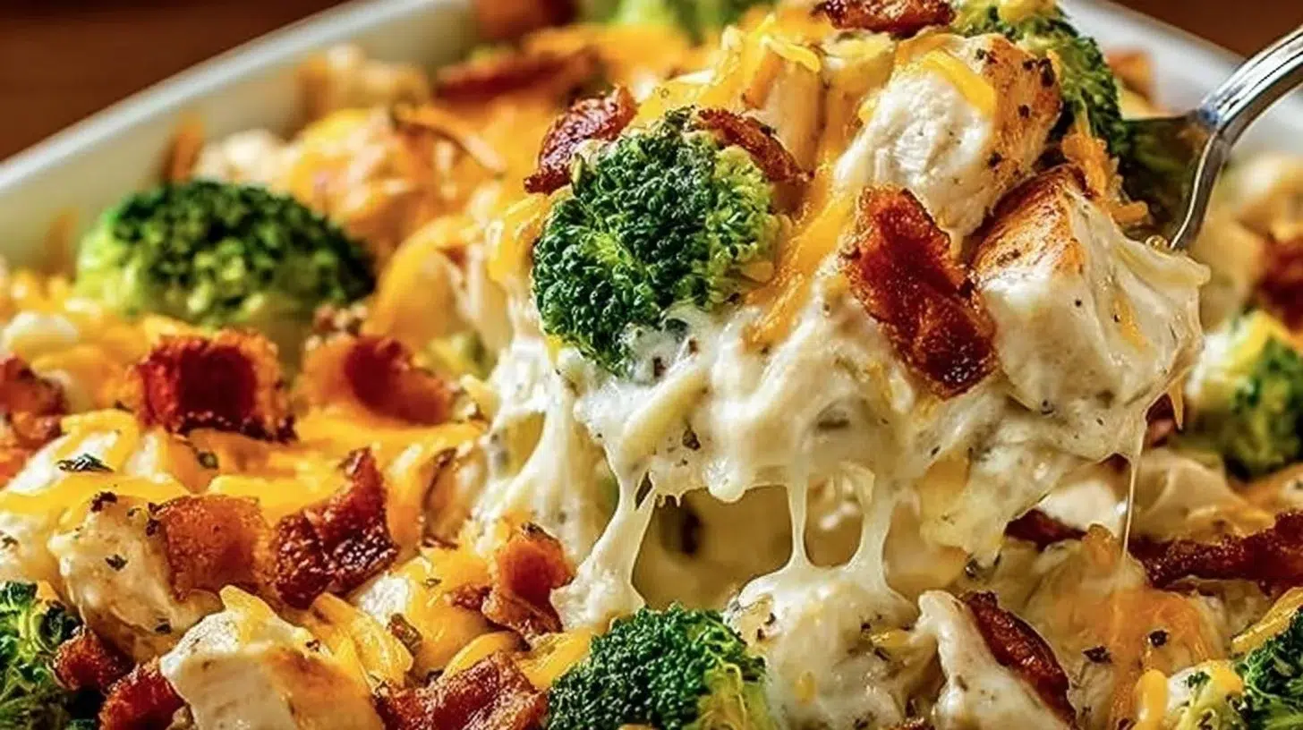 Creamy low carb chicken casserole served in a baking dish