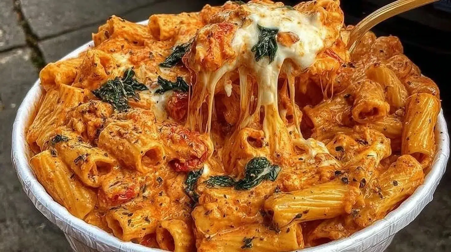 Creamy Mozzarella Tomato Rigatoni pasta dish topped with fresh tomatoes and cheese.