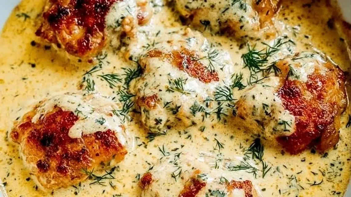 Creamy oven baked chicken thighs served on a plate with herbs.
