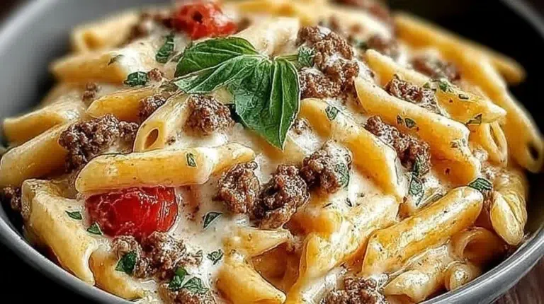 Creamy Rotel pasta with ground beef served in a cozy dinner setting