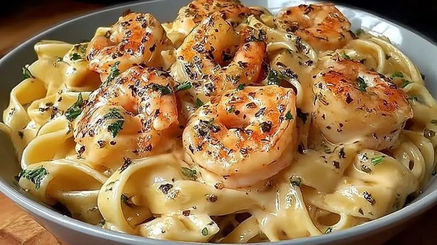Creamy shrimp fettuccine pasta served in a bowl