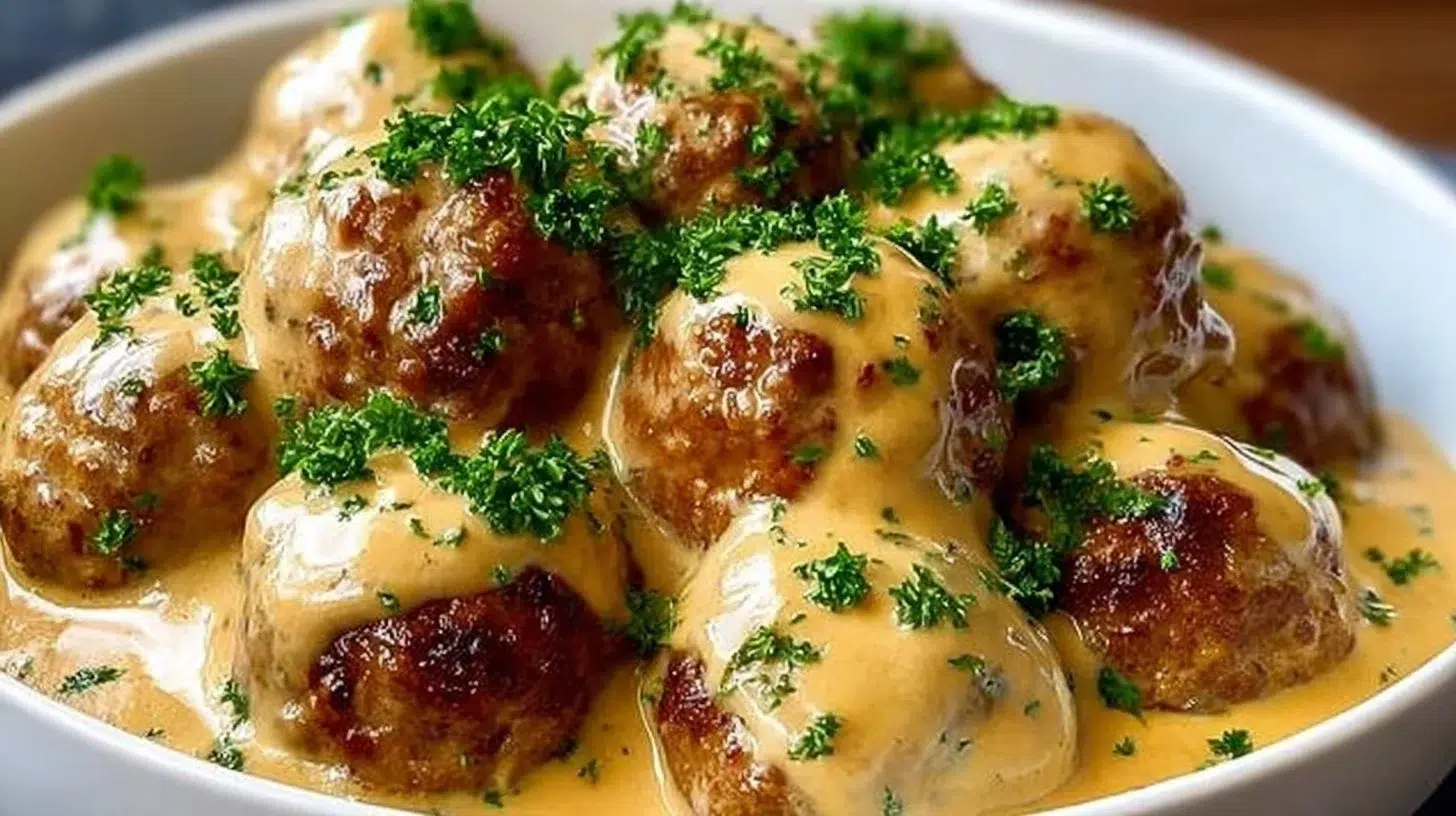 Creamy Swedish meatballs served with gravy and lingonberry sauce