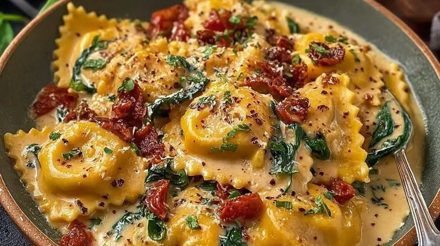 Delicious creamy Tuscan ravioli garnished with fresh herbs and parmesan cheese