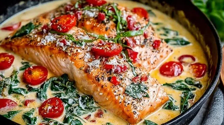 Creamy Tuscan salmon with spinach and sun-dried tomatoes on a plate