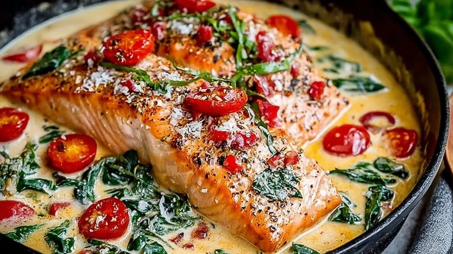 Creamy Tuscan salmon with spinach and sun-dried tomatoes on a plate