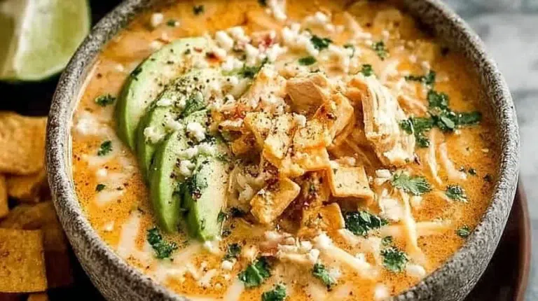 Bowl of creamy white chicken chili topped with cilantro and cheese.
