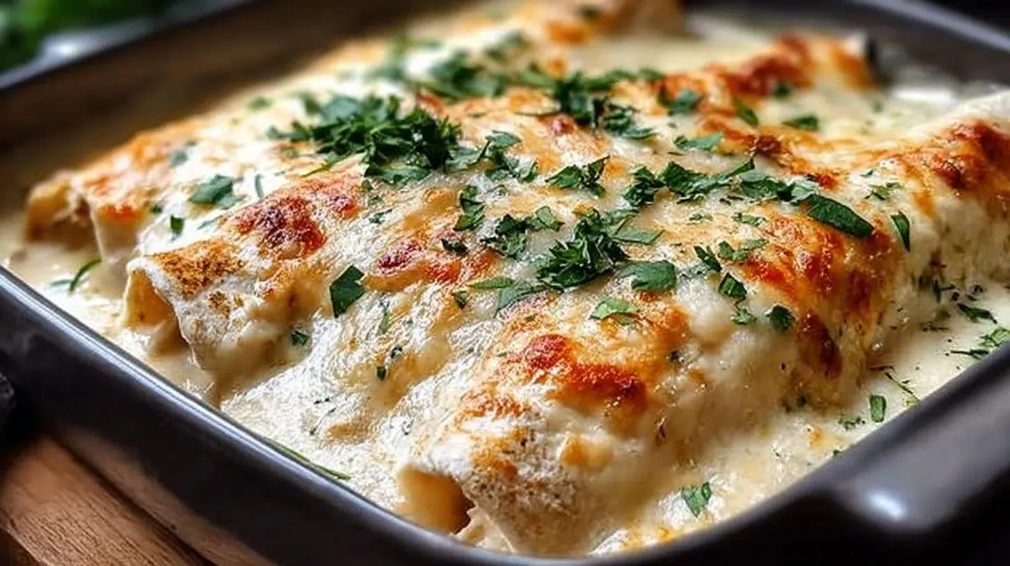 Delicious creamy white chicken enchiladas topped with sauce and cheese