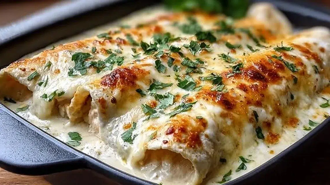 Delicious creamy white chicken enchiladas topped with cheese and cilantro