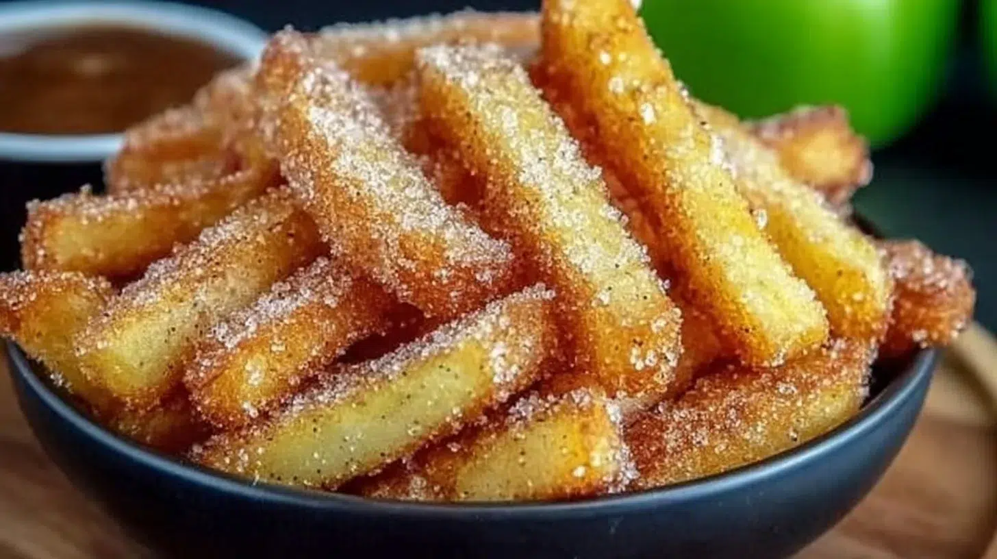 Plate of crispy air fryer apple fries with cinnamon sugar topping