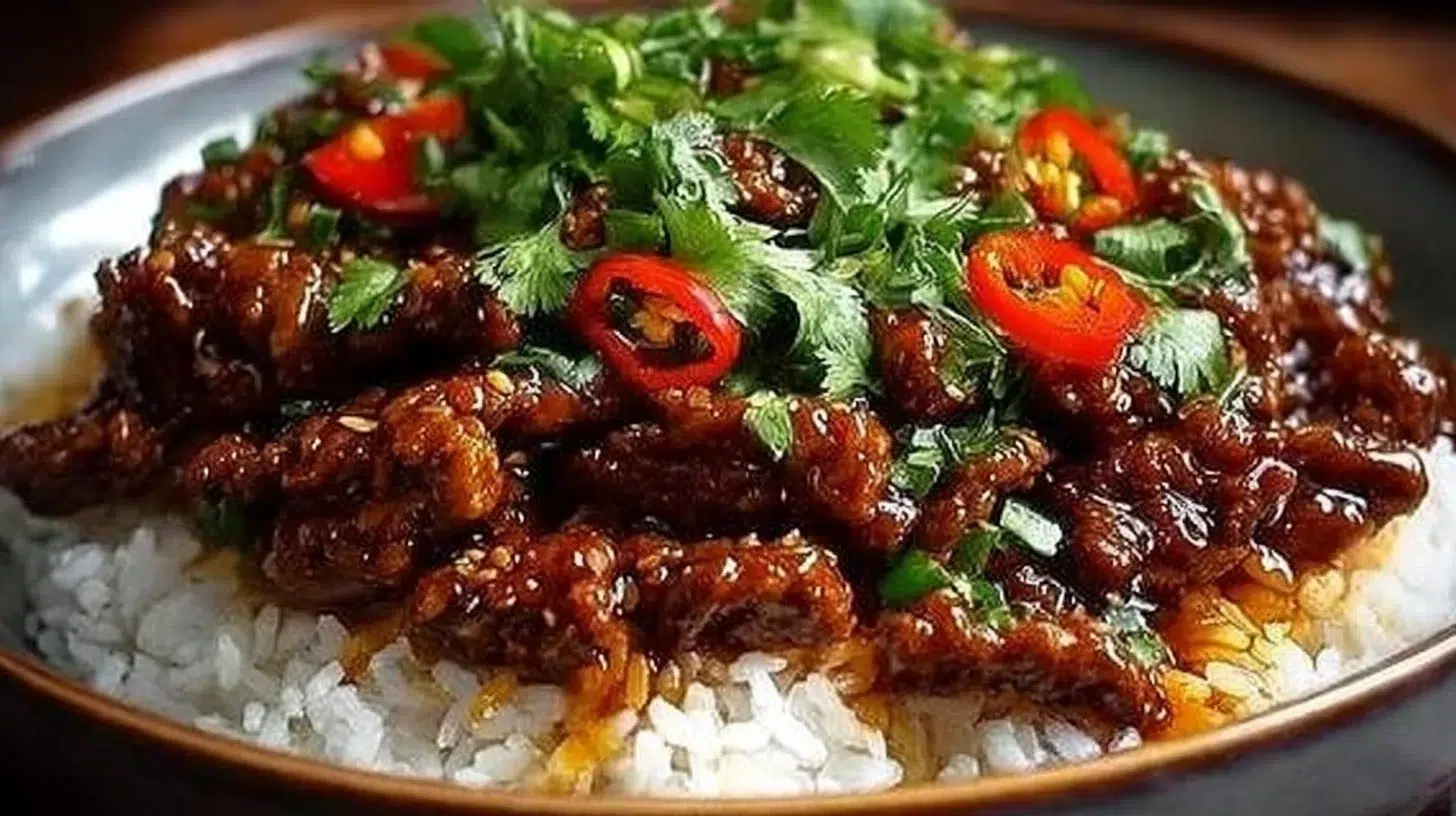 Delicious crispy chilli beef served over rice in a vibrant dish.