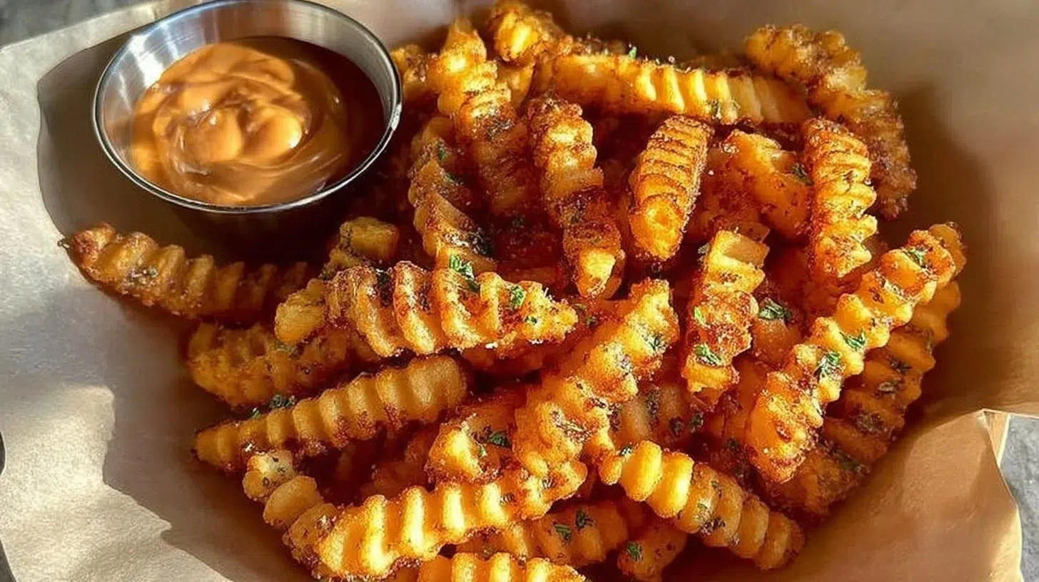 Plate of crispy crinkle cut fries garnished with herbs