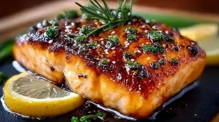 Crispy honey garlic glazed salmon served on a plate