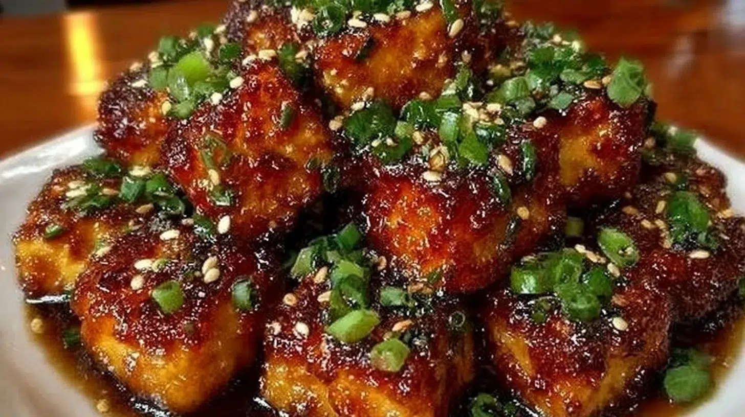 Crispy honey garlic tofu served with vegetables