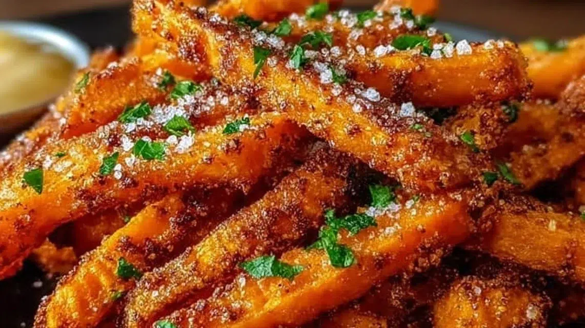 Crispy oven baked sweet potato fries on a plate.