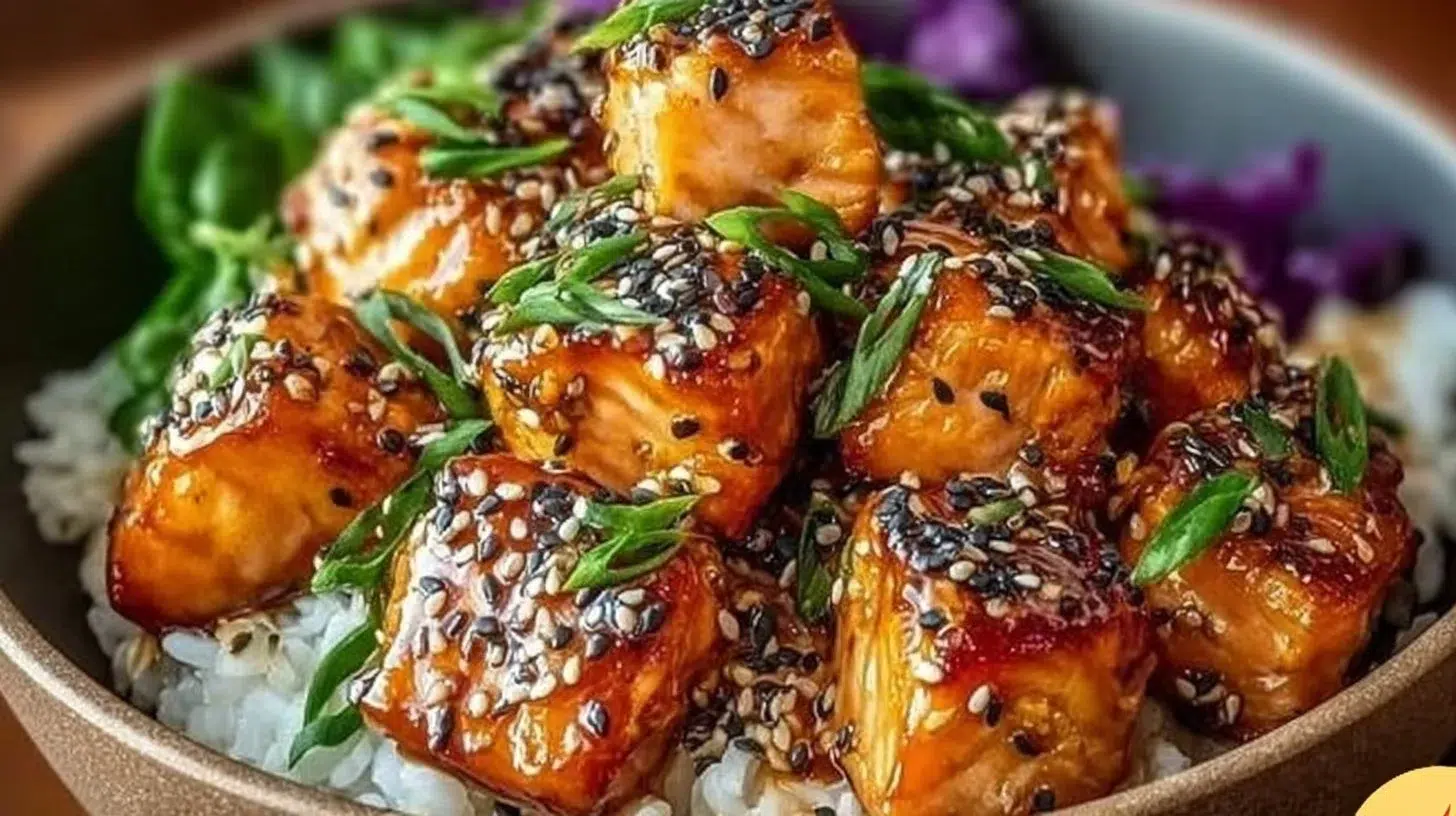 Crispy salmon rice bowl with vegetables and sauce