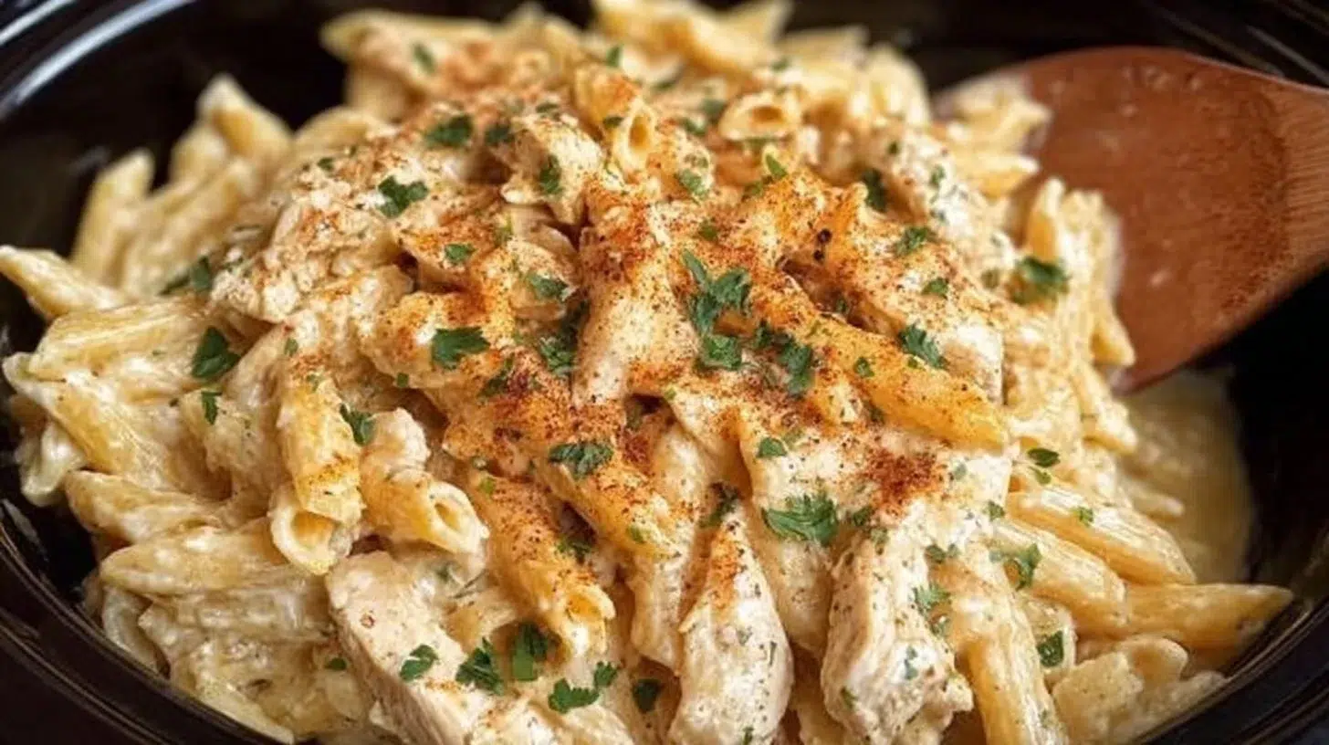 Crock Pot Cajun Chicken Pasta served in a bowl with fresh herbs