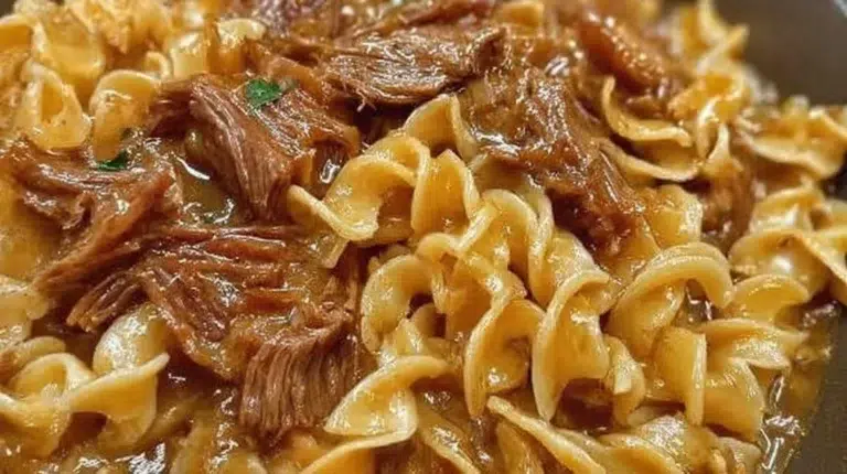 Delicious crockpot beef and noodles served in a bowl