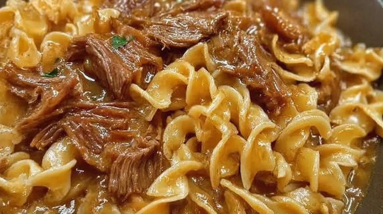 Delicious crockpot beef and noodles served in a bowl