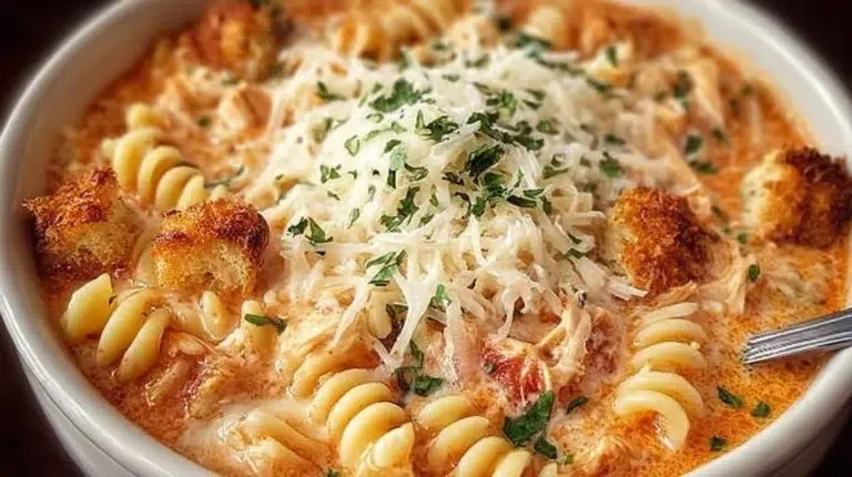 Delicious Crockpot Chicken Parmesan Soup in a bowl garnished with herbs.