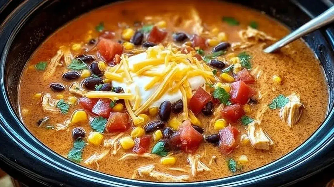 Crockpot chicken tortilla soup garnished with tortilla strips and cilantro