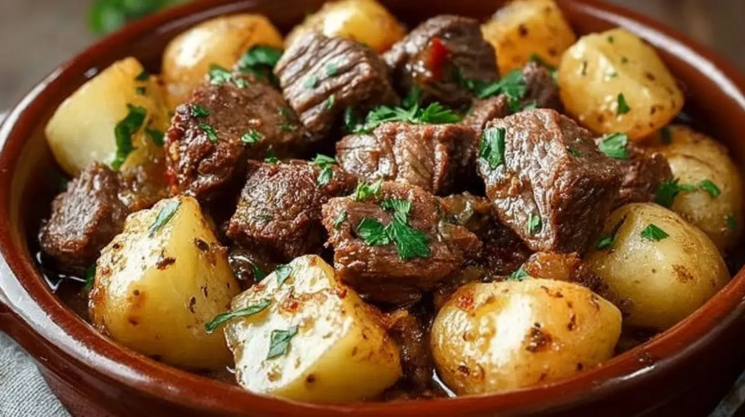 Crockpot loaded steak and potato bake featuring tender steak and creamy potatoes