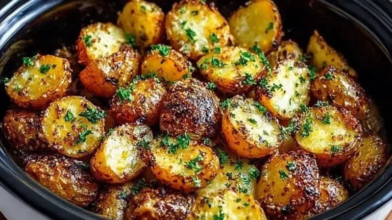 Delicious Crockpot Parmesan Roasted Potatoes garnished with herbs