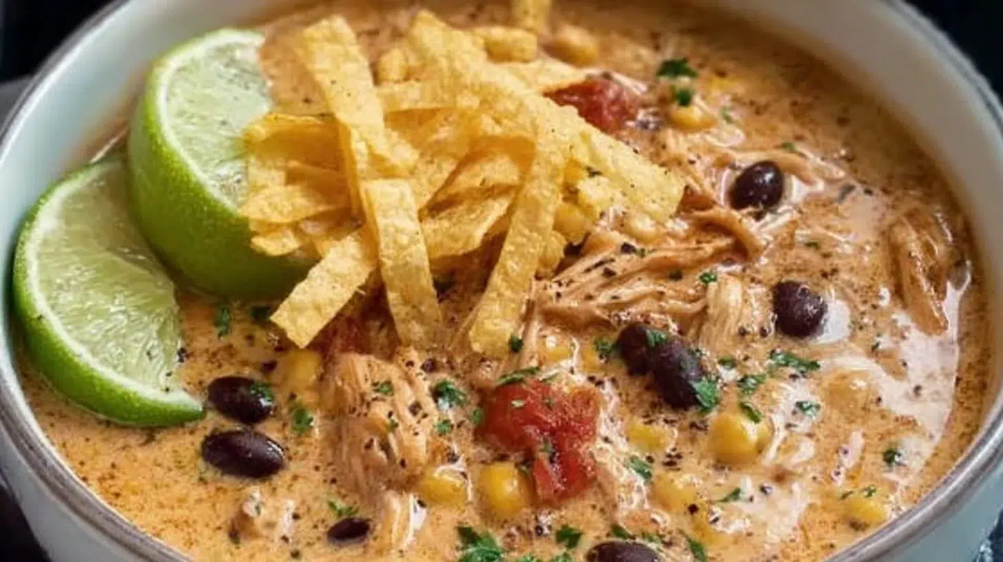 Crockpot White Chicken Chili with Cream Cheese in a bowl garnished with herbs