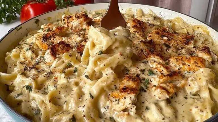 Delicious Dairy Free Chicken Alfredo served with parsley garnish