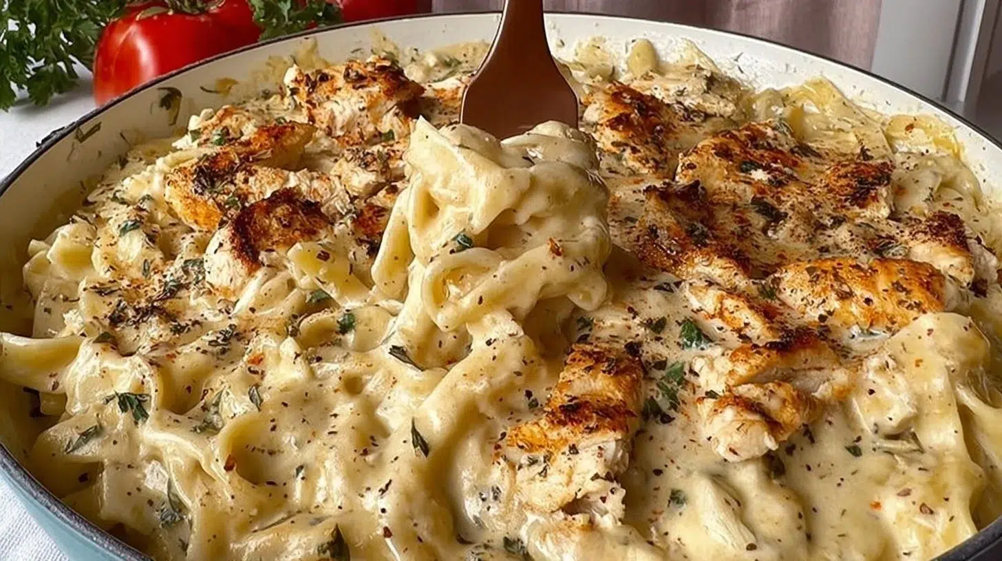 Delicious Dairy Free Chicken Alfredo served with parsley garnish
