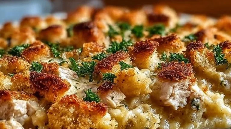 Delicious Chicken and Stuffing Casserole topped with herbs and spices