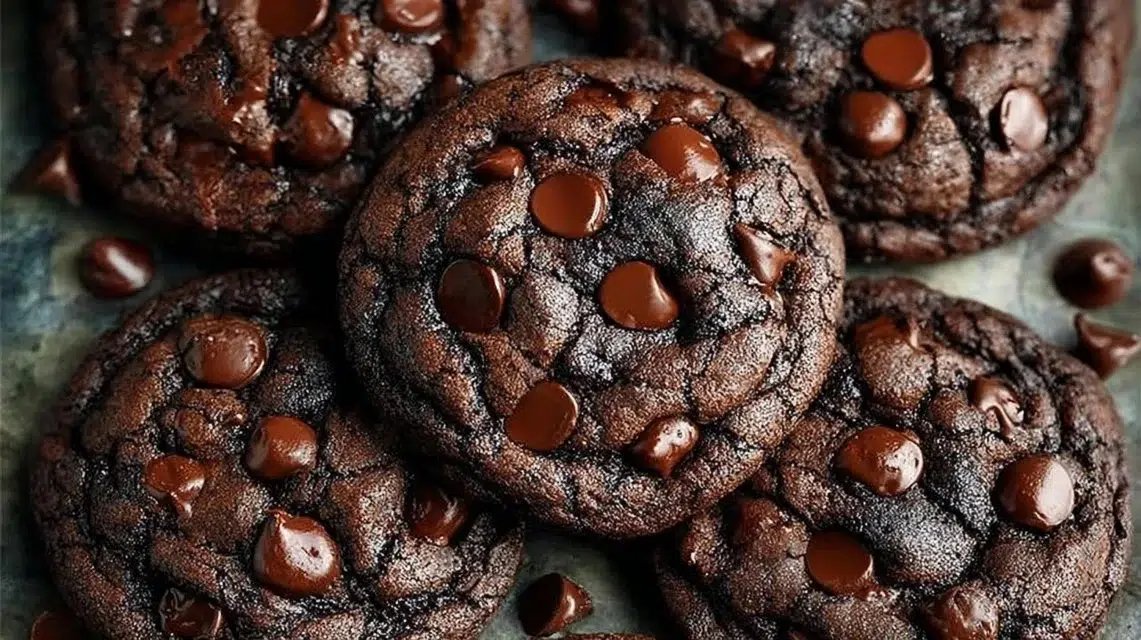 Delicious double chocolate chip cookies with melted chocolate chips