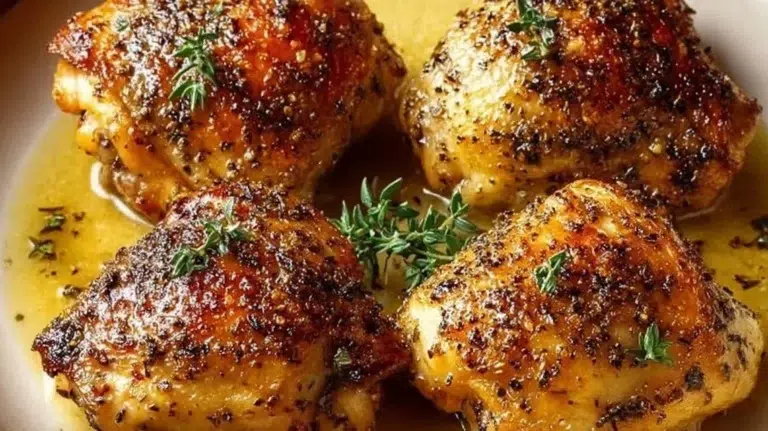 Delicious easy baked boneless skinless chicken thighs plated with herbs.