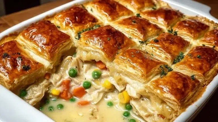 Delicious Easy Chicken Pot Pie Casserole served in a rustic dish.
