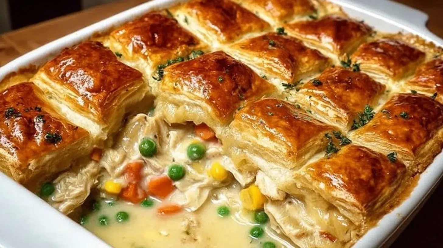 Delicious Easy Chicken Pot Pie Casserole served in a rustic dish.