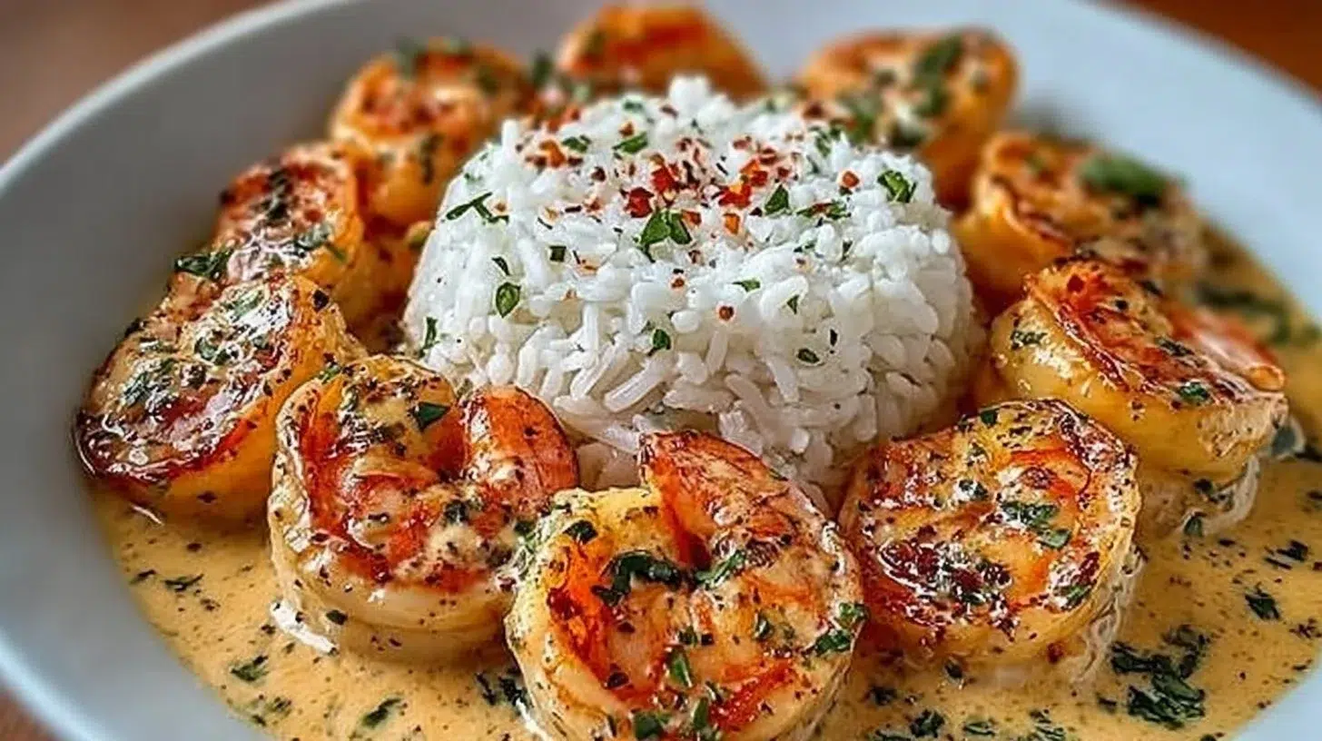 Plate of easy creamy garlic shrimp served with pasta